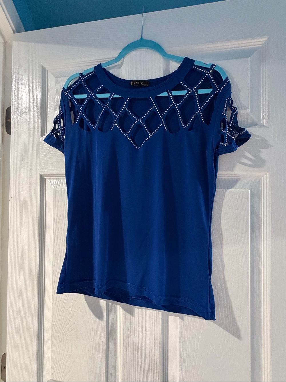 Ladies Blue Cutout Rhinestone Detail Top